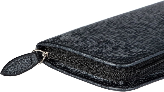 Bolsa de pluma de cuero genuino 3 ranuras divididas Color negro, Bolsa de bolsillo con cremallera