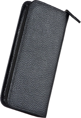 Bolsa de pluma de cuero genuino 3 ranuras divididas Color negro, Bolsa de bolsillo con cremallera