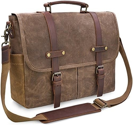 15.6 pulgadas impermeable Vintage de cuero genuino de cera de lienzo maletín computadora de cuero grande bolso portátil bolso robusto bolso