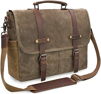 15.6 pulgadas impermeable Vintage de cuero genuino de cera de lienzo maletín computadora de cuero grande bolso portátil bolso robusto bolso