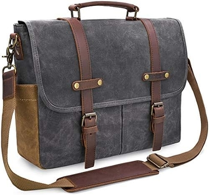 15.6 pulgadas impermeable Vintage de cuero genuino de cera de lienzo maletín computadora de cuero grande bolso portátil bolso robusto bolso