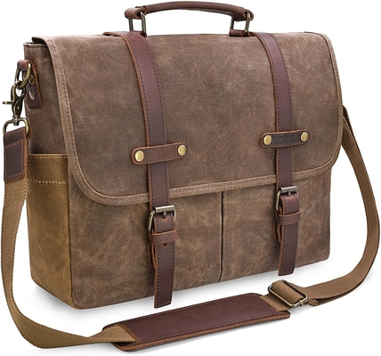 15.6 pulgadas impermeable Vintage de cuero genuino de cera de lienzo maletín computadora de cuero grande bolso portátil bolso robusto bolso