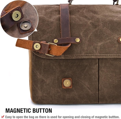 15.6 pulgadas impermeable Vintage de cuero genuino de cera de lienzo maletín computadora de cuero grande bolso portátil bolso robusto bolso
