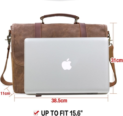 15.6 pulgadas impermeable Vintage de cuero genuino de cera de lienzo maletín computadora de cuero grande bolso portátil bolso robusto bolso
