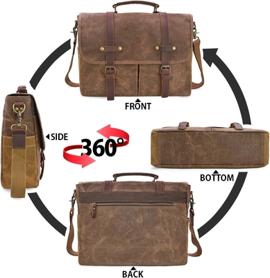 15.6 pulgadas impermeable Vintage de cuero genuino de cera de lienzo maletín computadora de cuero grande bolso portátil bolso robusto bolso