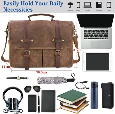 15.6 pulgadas impermeable Vintage de cuero genuino de cera de lienzo maletín computadora de cuero grande bolso portátil bolso robusto bolso