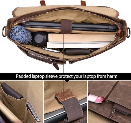 15.6 pulgadas impermeable Vintage de cuero genuino de cera de lienzo maletín computadora de cuero grande bolso portátil bolso robusto bolso