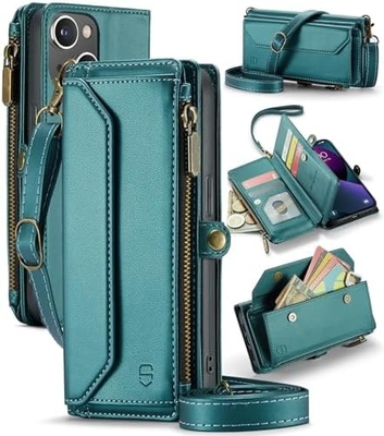 Cuerpo para iPhone 13, cartera con cremallera con 7 tarjetas, pulsera magnética de cuero