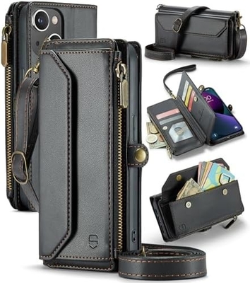 Cuerpo para iPhone 13, cartera con cremallera con 7 tarjetas, pulsera magnética de cuero