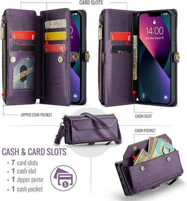 Cuerpo para iPhone 13, cartera con cremallera con 7 tarjetas, pulsera magnética de cuero