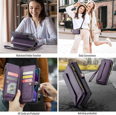 Cuerpo para iPhone 13, cartera con cremallera con 7 tarjetas, pulsera magnética de cuero