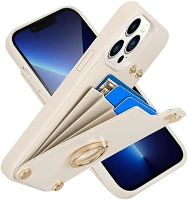 Portadores de tarjetas con iPhone 13 Pro Max, portador de anillo giratorio de 360 °, estuche de ranura para tarjetas de portador de cuero, cubierta resistente a los golpes RFID,