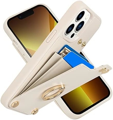 Portadores de tarjetas con iPhone 13 Pro Max, portador de anillo giratorio de 360 °, estuche de ranura para tarjetas de portador de cuero, cubierta resistente a los golpes RFID,