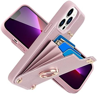 Portadores de tarjetas con iPhone 13 Pro Max, portador de anillo giratorio de 360 °, estuche de ranura para tarjetas de portador de cuero, cubierta resistente a los golpes RFID,