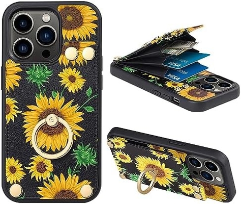 Portadores de tarjetas con iPhone 13 Pro Max, portador de anillo giratorio de 360 °, estuche de ranura para tarjetas de portador de cuero, cubierta resistente a los golpes RFID,