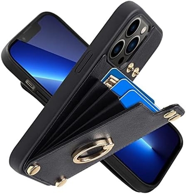 Portadores de tarjetas con iPhone 13 Pro Max, portador de anillo giratorio de 360 °, estuche de ranura para tarjetas de portador de cuero, cubierta resistente a los golpes RFID,