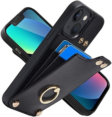 Portadores de tarjetas con iPhone 13 Pro Max, portador de anillo giratorio de 360 °, estuche de ranura para tarjetas de portador de cuero, cubierta resistente a los golpes RFID,