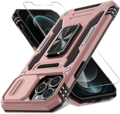 iPhone 12 Pro Max con cubierta de cámara de diapositivas + protector de pantalla ((1 paquete), anillo giratorio Kickstand de grado militar a prueba de golpes