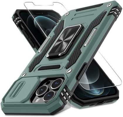 iPhone 12 Pro Max con cubierta de cámara de diapositivas + protector de pantalla ((1 paquete), anillo giratorio Kickstand de grado militar a prueba de golpes