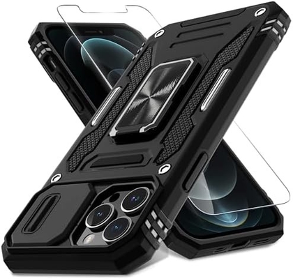 iPhone 12 Pro Max con cubierta de cámara de diapositivas + protector de pantalla ((1 paquete), anillo giratorio Kickstand de grado militar a prueba de golpes