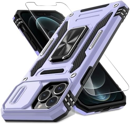 iPhone 12 Pro Max con cubierta de cámara de diapositivas + protector de pantalla ((1 paquete), anillo giratorio Kickstand de grado militar a prueba de golpes