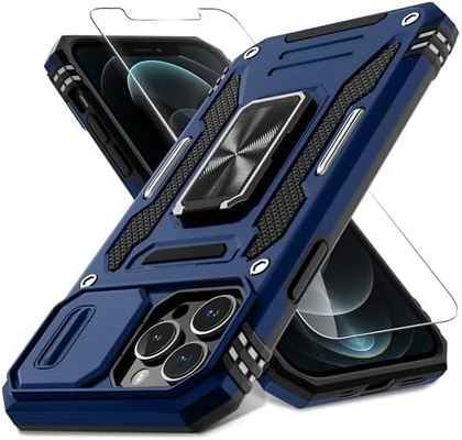 iPhone 12 Pro Max con cubierta de cámara de diapositivas + protector de pantalla ((1 paquete), anillo giratorio Kickstand de grado militar a prueba de golpes
