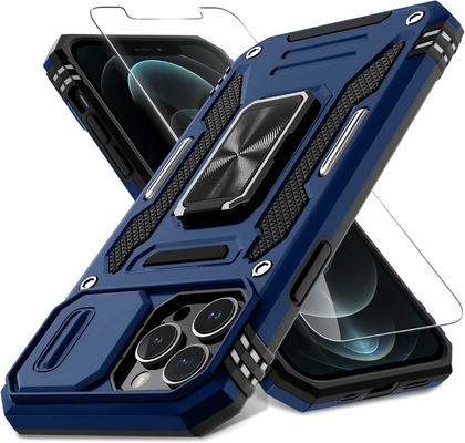 iPhone 12 Pro Max con cubierta de cámara de diapositivas + protector de pantalla ((1 paquete), anillo giratorio Kickstand de grado militar a prueba de golpes