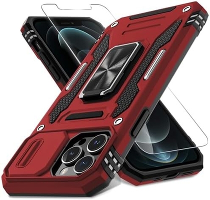 iPhone 12 Pro Max con cubierta de cámara de diapositivas + protector de pantalla ((1 paquete), anillo giratorio Kickstand de grado militar a prueba de golpes