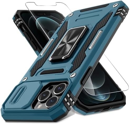 iPhone 12 Pro Max con cubierta de cámara de diapositivas + protector de pantalla ((1 paquete), anillo giratorio Kickstand de grado militar a prueba de golpes
