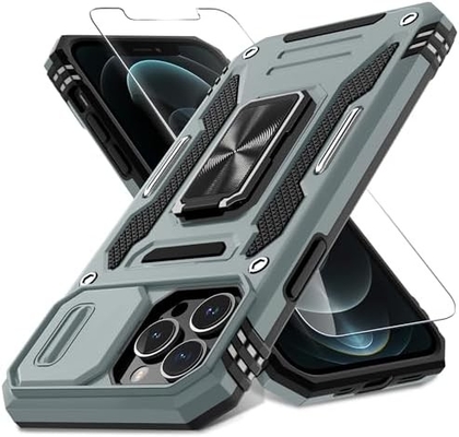 iPhone 12 Pro Max con cubierta de cámara de diapositivas + protector de pantalla ((1 paquete), anillo giratorio Kickstand de grado militar a prueba de golpes