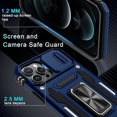 iPhone 12 Pro Max con cubierta de cámara de diapositivas + protector de pantalla ((1 paquete), anillo giratorio Kickstand de grado militar a prueba de golpes