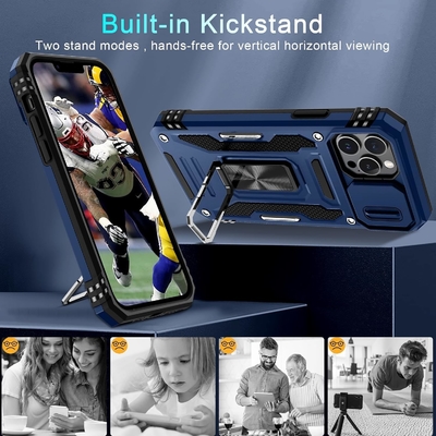 iPhone 12 Pro Max con cubierta de cámara de diapositivas + protector de pantalla ((1 paquete), anillo giratorio Kickstand de grado militar a prueba de golpes