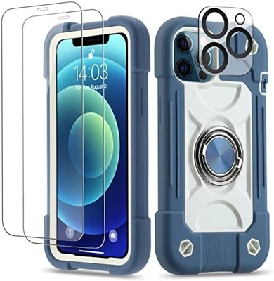Caso iPhone 12 Pro Max 6.7 &quot; - A prueba de golpes para uso pesado, soporte de anillo, pantalla de vidrio y protector de lente de cámara (Rainbow Pink)