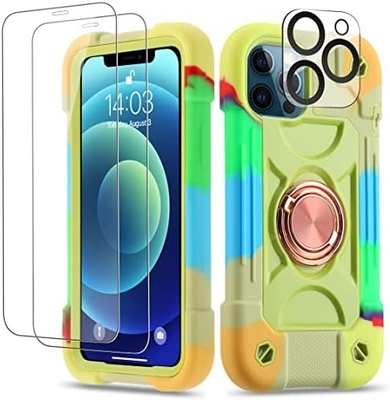 Caso iPhone 12 Pro Max 6.7 &quot; - A prueba de golpes para uso pesado, soporte de anillo, pantalla de vidrio y protector de lente de cámara (Rainbow Pink)