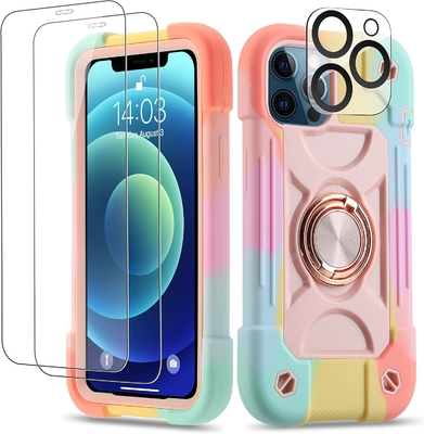 Caso iPhone 12 Pro Max 6.7 &quot; - A prueba de golpes para uso pesado, soporte de anillo, pantalla de vidrio y protector de lente de cámara (Rainbow Pink)