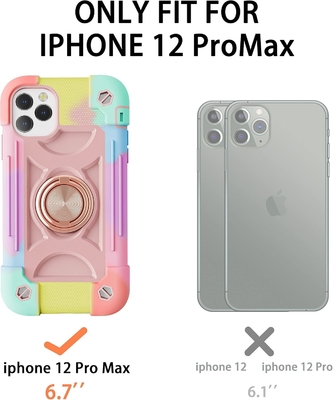 Caso iPhone 12 Pro Max 6.7 &quot; - A prueba de golpes para uso pesado, soporte de anillo, pantalla de vidrio y protector de lente de cámara (Rainbow Pink)