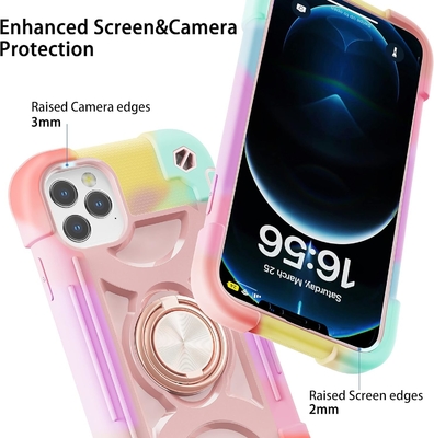 Caso iPhone 12 Pro Max 6.7 &quot; - A prueba de golpes para uso pesado, soporte de anillo, pantalla de vidrio y protector de lente de cámara (Rainbow Pink)