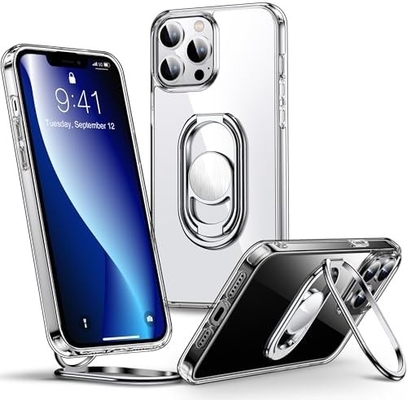 Protector para el iPhone 12 Pro Max Cuerpo con soporte, Cuerpo de teléfono claro con soporte de anillo doble [ajustable y plegable]