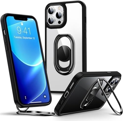 Protector para el iPhone 12 Pro Max Cuerpo con soporte, Cuerpo de teléfono claro con soporte de anillo doble [ajustable y plegable]