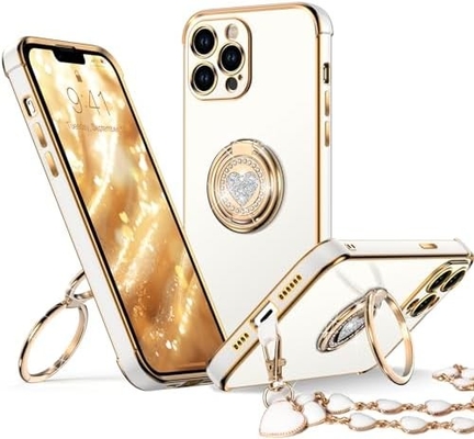 Cuerpo para iPhone 12 Pro Max con soporte, Cuerpo para teléfono con soporte de doble anillo, Mujeres Mujeres Bling Cuerpo protector de lujo Escuchar