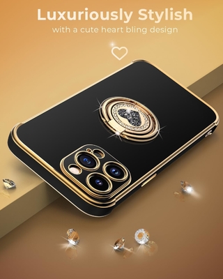 Cuerpo para iPhone 12 Pro Max con soporte, Cuerpo para teléfono con soporte de doble anillo, Mujeres Mujeres Bling Cuerpo protector de lujo Escuchar