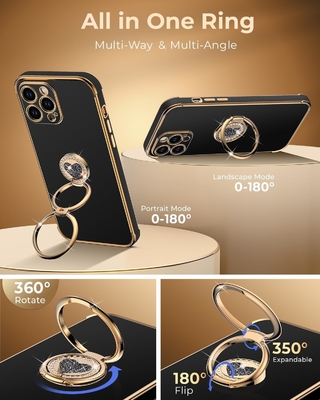 Cuerpo para iPhone 12 Pro Max con soporte, Cuerpo para teléfono con soporte de doble anillo, Mujeres Mujeres Bling Cuerpo protector de lujo Escuchar