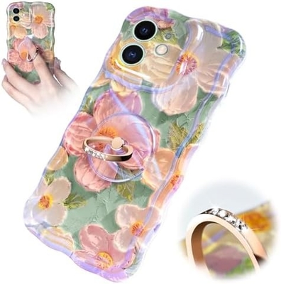 Cuerpo para iPhone 12 Pro Max Anillo, pintura al óleo flor colorida flor retro lindo marco ondulado rizado Cuerpo para teléfono de mujer niña