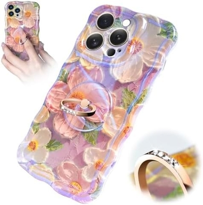Cuerpo para iPhone 12 Pro Max Anillo, pintura al óleo flor colorida flor retro lindo marco ondulado rizado Cuerpo para teléfono de mujer niña