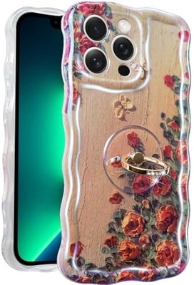 Cuerpo para iPhone 12 Pro Max Anillo, pintura al óleo flor colorida flor retro lindo marco ondulado rizado Cuerpo para teléfono de mujer niña