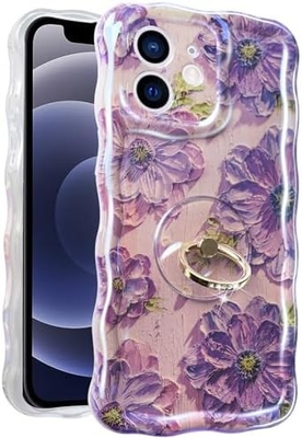 Cuerpo para iPhone 12 Pro Max Anillo, pintura al óleo flor colorida flor retro lindo marco ondulado rizado Cuerpo para teléfono de mujer niña