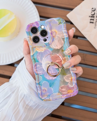 Cuerpo para iPhone 12 Pro Max Anillo, pintura al óleo flor colorida flor retro lindo marco ondulado rizado Cuerpo para teléfono de mujer niña