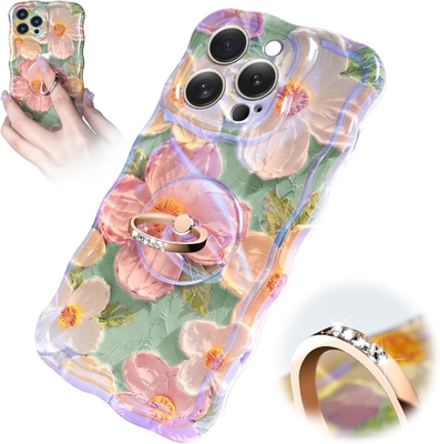 Cuerpo para iPhone 12 Pro Max Anillo, pintura al óleo flor colorida flor retro lindo marco ondulado rizado Cuerpo para teléfono de mujer niña