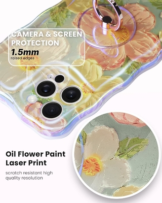 Cuerpo para iPhone 12 Pro Max Anillo, pintura al óleo flor colorida flor retro lindo marco ondulado rizado Cuerpo para teléfono de mujer niña