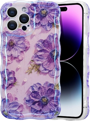 iPhone 12 Pro Max, colorida impresión de aceite retro con patrón de brillo láser lindo borde ondulado rizado exquisito estuche de teléfono